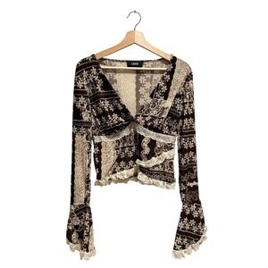 Cider Patchwork Floral Lace Trim Bell Sleeve Crop Top Size L